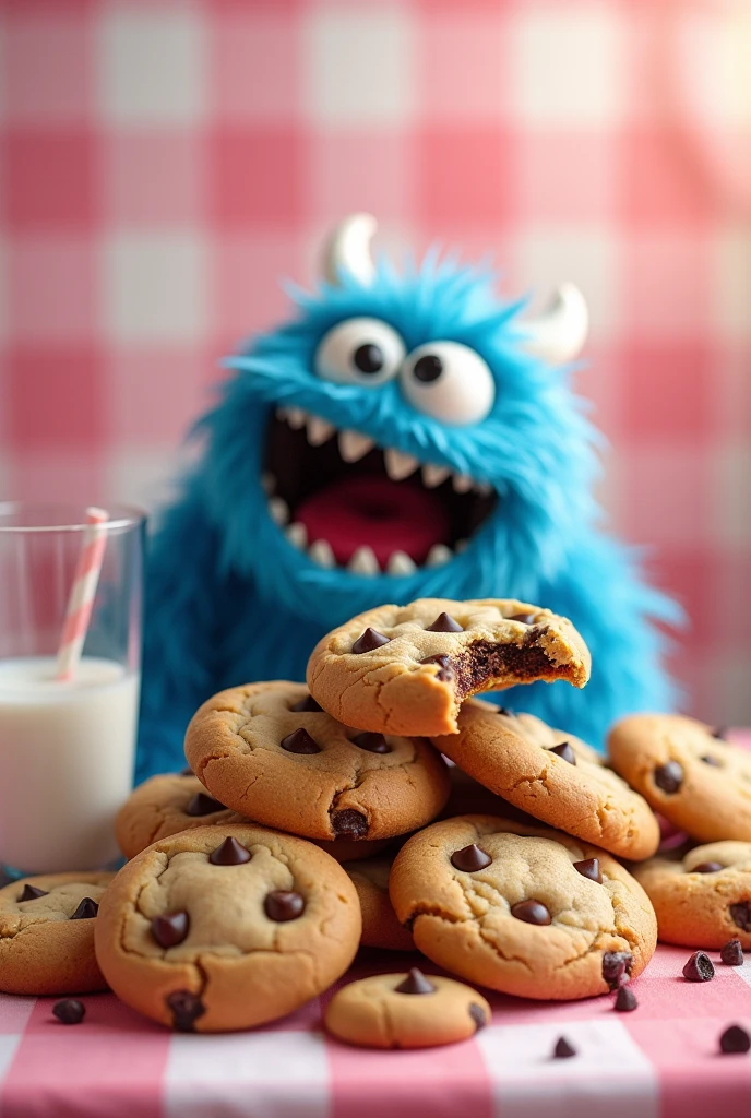 chubby chocolate chip cookies ,in a column, and some cookies around it, With more details, Characteristics, Crispy, golden brown, a glass of milk a pink checkered tablecloth, The blue monster eats cookies by devouring them