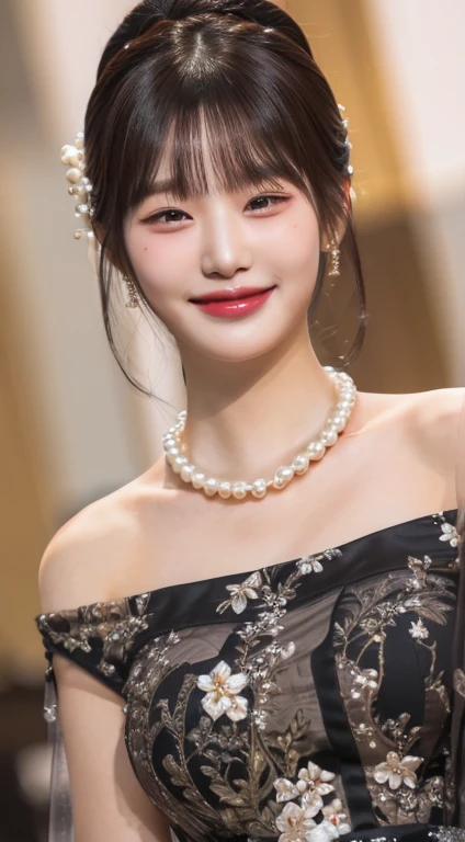 a close up of a woman wearing a dress and a collar de pearl, beautiful south korean woman, collar de pearl, beautiful young korean woman, lovely woman, gorgeous young korean woman, with an elegant smile, lovely smile, korean girl, pearl, beautiful and smiling, chen xintong, korean woman, Chinese girl, charming smile, The girl with a pearl earring , big breasts, heavy breasts