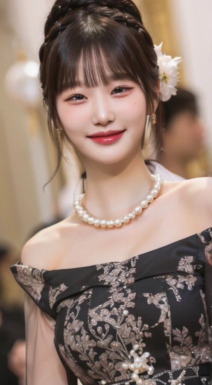 a close up of a woman wearing a dress and a collar de pearl, beautiful south korean woman, collar de pearl, beautiful young korean woman, lovely woman, gorgeous young korean woman, with an elegant smile, lovely smile, korean girl, pearl, beautiful and smiling, chen xintong, korean woman, Chinese girl, charming smile, The girl with a pearl earring , big breasts, heavy breasts