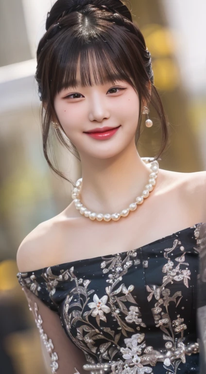 a close up of a woman wearing a dress and a collar de pearl, beautiful south korean woman, collar de pearl, beautiful young korean woman, lovely woman, gorgeous young korean woman, with an elegant smile, lovely smile, korean girl, pearl, beautiful and smiling, chen xintong, korean woman, Chinese girl, charming smile, The girl with a pearl earring , big breasts, heavy breasts