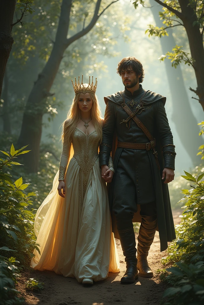 A woman with an angelic face and golden hair, not so long, 20 year, dressed in queen sansa stark style, wearing a crown of bones. She is on a trail in the forest walking with a strong man, high 1.80 meters, Jhon snow style, shorth hair, he wears a wooden crown, 