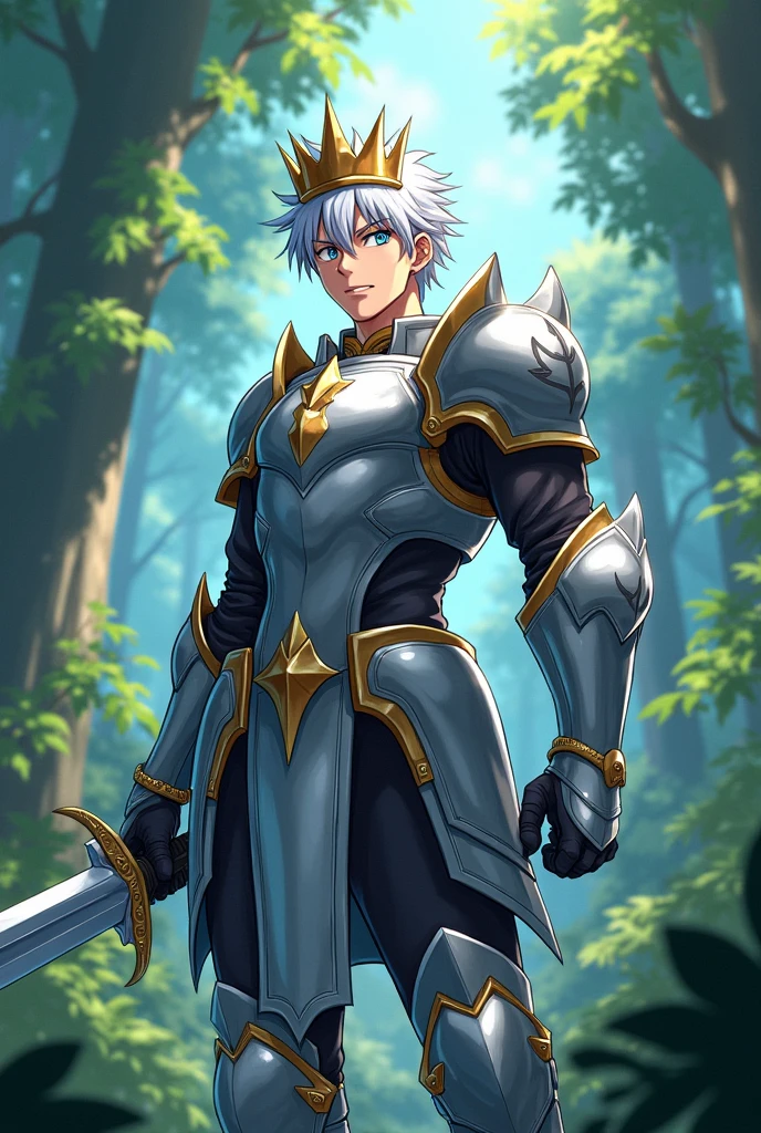 Male hero, anime human with a sword Wearing silver armor With a crown on his head Short white hair Blue eyes Wild face KEEP THE IMAGE CURRENT, CHANGE THE BACKGROUND TO A JUNGLE