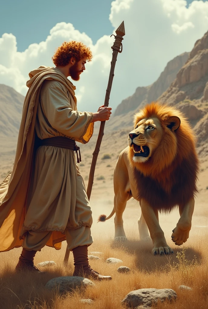 King David, Youngh, Fighting a lion, red hair, SHEEP SHEPHERD'S CLOTHING, staff in the hands. 8K realistic picture.