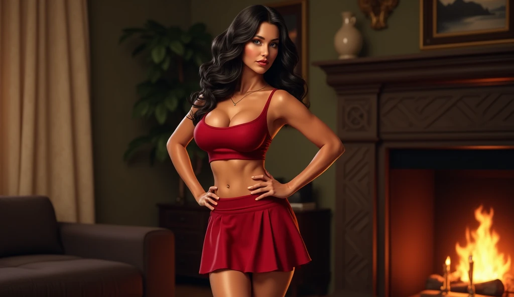 woman with black hair, dressed in a short red tennis skirt, is next to the fireplace, doing a sensual pose, is standing, sticking out her ass, mature woman in her 60s, curvaceous, hot, voluminous body, cleavage, large breasts, approximately 60 years old , from behind, full body, from head to toe, looking for camera, posing, stunning, natural mature woman,