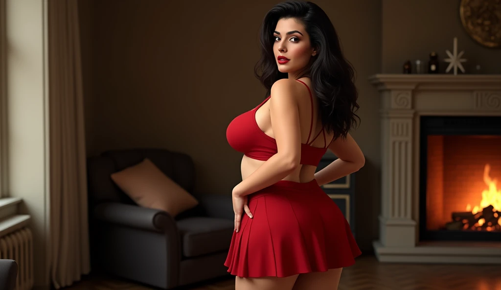 woman with black hair, dressed in a short red tennis skirt, is next to the fireplace, doing a sensual pose, is standing, sticking out her ass, mature woman in her 60s, curvaceous, hot, voluminous body, cleavage, large breasts, approximately 60 years old , from behind, full body, from head to toe, looking for camera, posing, stunning, natural mature woman,