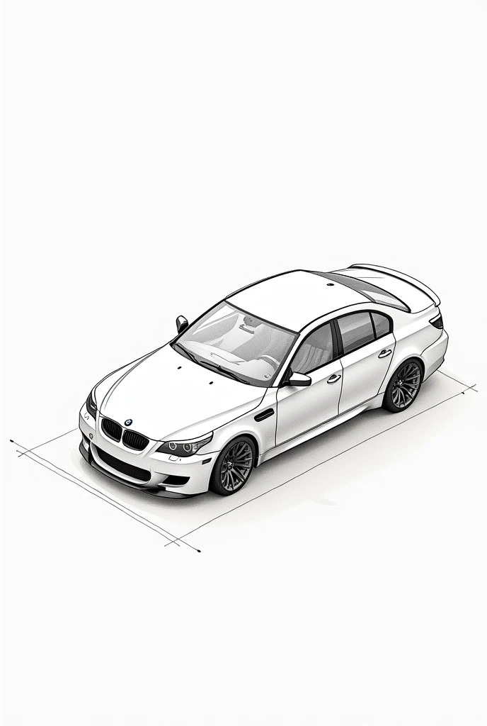 Technical drawing of a BMW m5 e60 2007 made by hand in isometric view with only the contours
