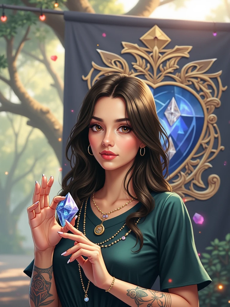 commercial logo with the name Silveira Crsytals written with drawings in crests and quartz and hearts and with a woman with one of the crystals in her hand with a tattoo on her arm with brown eyes and a little bit of nature like trees and plants with a magical background with colorful colors