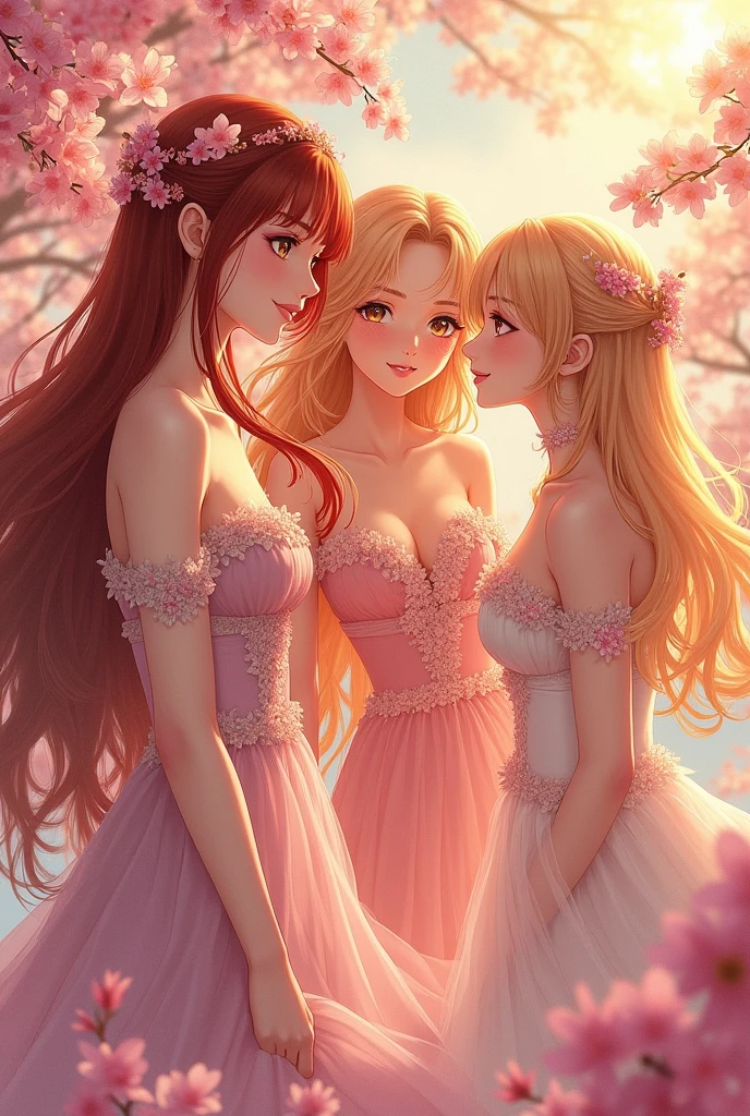 Anime art style, breathtaking masterpiece featuring a group of ethereal women, each radiating warmth and charm, rich auburn and golden hair cascading like waterfalls, expressive large eyes shimmering with vibrant colors, intricate accessories reflecting the characters' personalities, various elegant outfits adorned with nuanced patterns and soft textures, delicate poses showcasing individuality and grace, dynamic composition drawing the viewer's eye around the scene, surrounded by a lush, animated landscape filled with blooming cherry blossoms and rays of golden sunlight filtering through the trees, emotion-filled atmosphere enriched with gentle breezes, light softening resolute features, serene smiles that capture the essence of joy and harmony, anime-inspired character design emphasizing fluidity and movement, every detail masterfully crafted with high contrast tones, vibrant warm color palette of radiant pinks, oranges, and yellows, infusing the scene with life and energy, skillful brushwork emulating hand-drawn animation techniques, layered backgrounds enhancing depth while keeping focus on the enchanting characters, elongated proportions and meticulous expressions typical of classic anime artistry which fully engage viewers, an inviting realm where fantasy and reality seamlessly intertwine