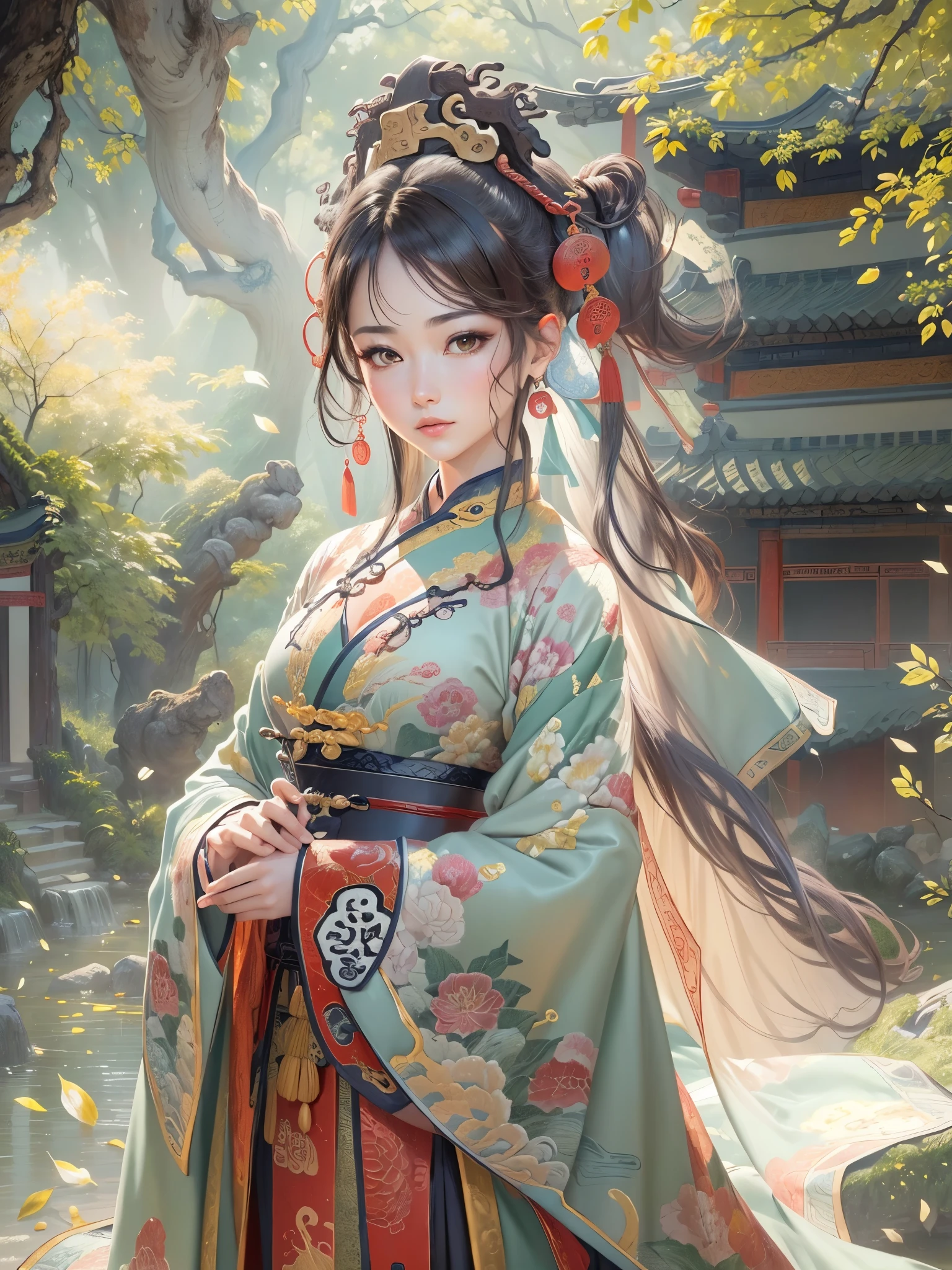 ((Highest quality)),(Ultra-high resolution),(Super detailed),(Detailed Description),((The best CG)),(masterpiece),Highly detailed art,(Art with precise detail:1.5), (Paintings inspired by ancient China:1.6), (Standing Woman:1.5, Beautiful and well-proportioned face:1.3, light makeup),(China dress:1.4, Embroidery inspired by nature:1.3),Fine ornaments, stream,breeze,Sunlight filtering through the trees