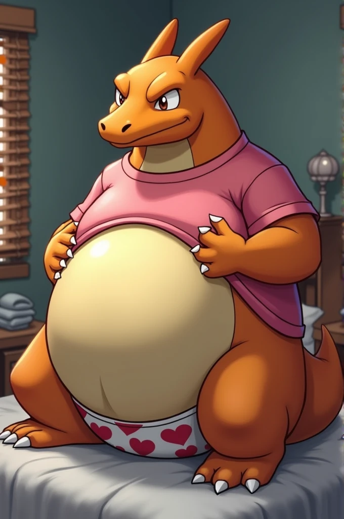 Charizard Pokémon, Extremely obese, chubby, embarrassed, huge round belly, big moobs, heart underpants, pink tight short sleeves t-shirt, laying on a bed, one hand on the belly