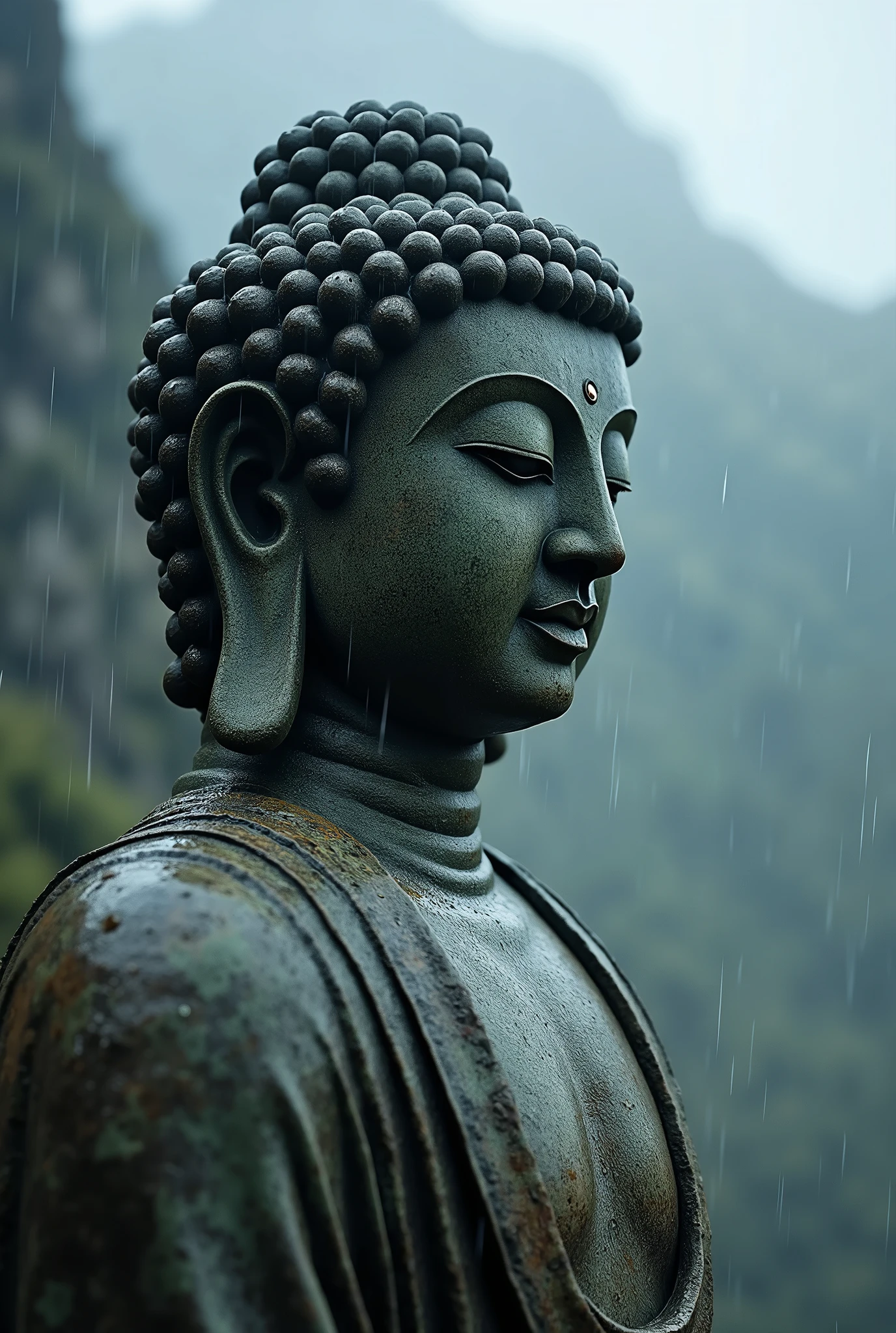 A macro shot of Stone Buddha statue in a mystical mountain in a heavy rain, water splashes, thin mist, tyndall effect. Dark Fantasy, Overcast, Mystical, Ambient Occlusion, Desaturated, Achromatic, (best quality, masterpiece, photorealistic), very aesthetic, perfect composition, intricate details, ultra-detailed, vivid colors