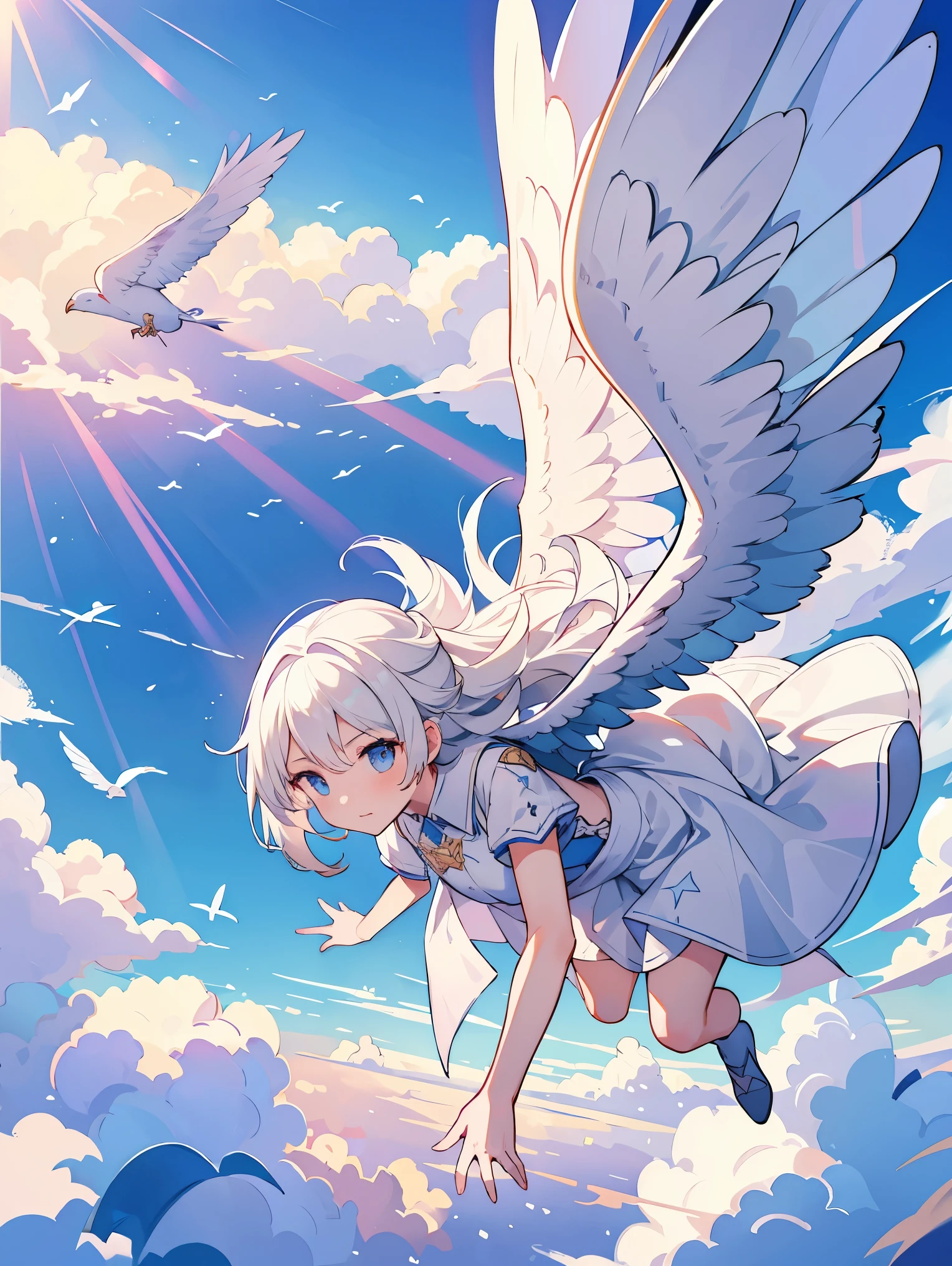 Far away scene, girl flying above with clouds, sun rays, white hair, wings, white dress, fantasy scene, high resolution, high detail, very detailed