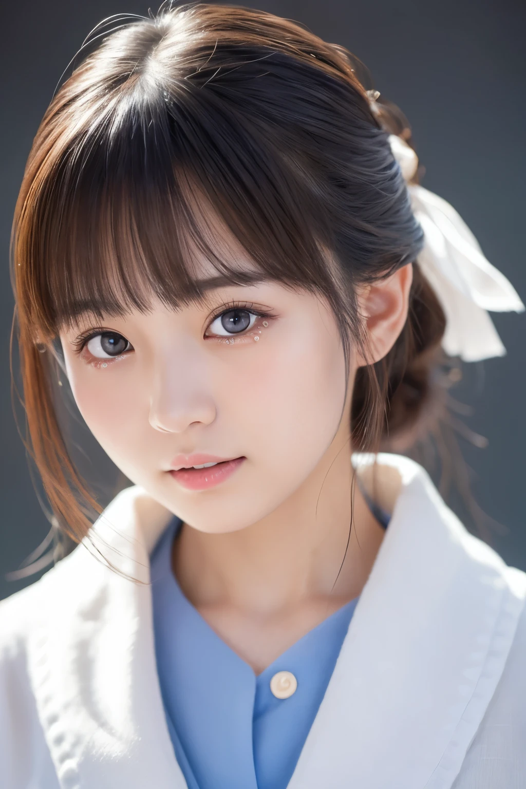 Very cute18Japan old girl。With tears in my eyes。Hyperrealistic Photos。The studio background is white。Portrait photography shot。Front view。Bust Shot。Charm。sense of cleanliness。Bust Shot。Front view。