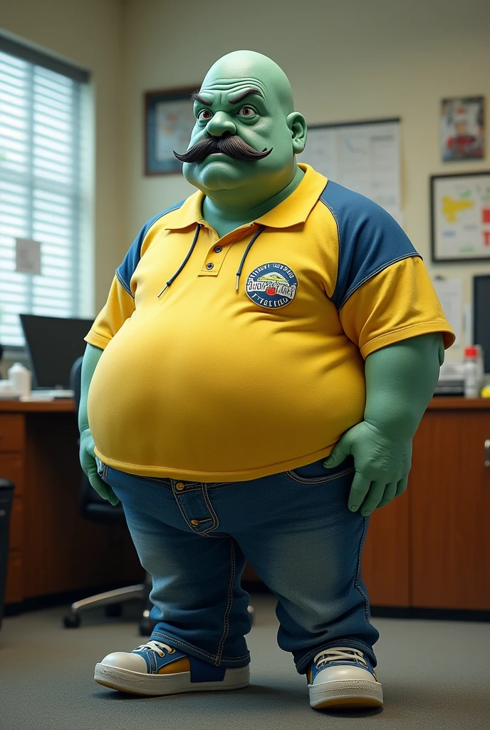 You can draw Squidward with Capulina(Gaspar Henaine Mexican comedian) (a fat man with a mustache and no beard), with a sports shirt, yellow and denim pants, in a office, realistically