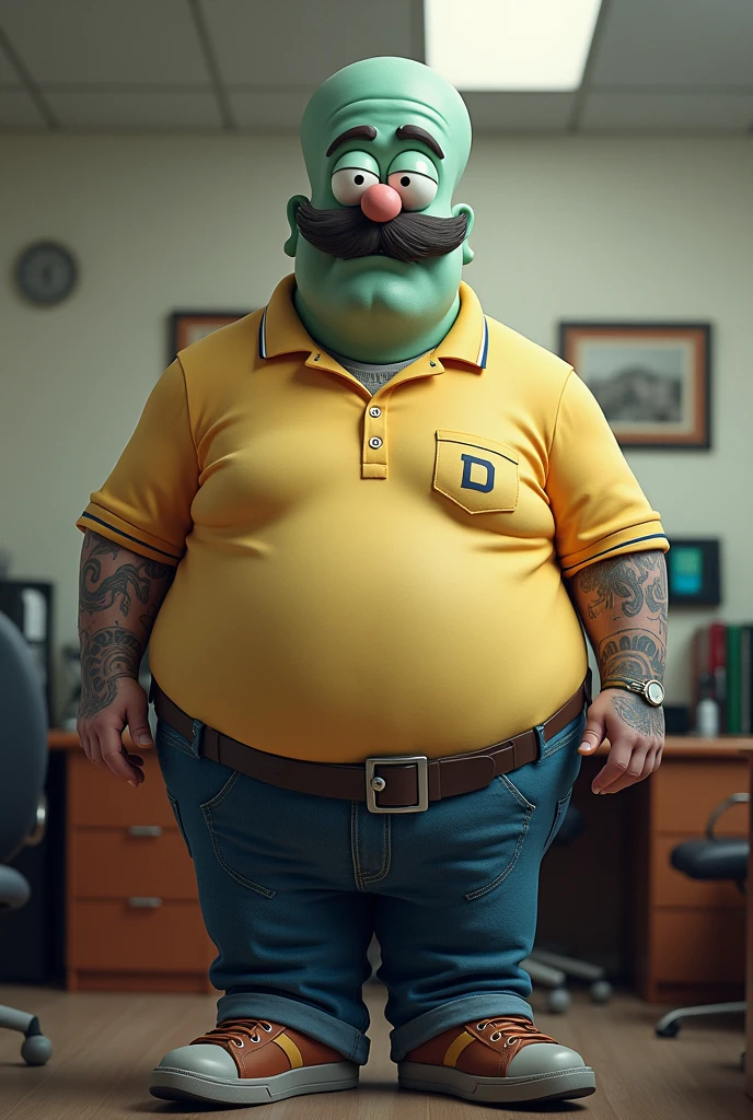 You can draw Squidward with Capulina(Gaspar Henaine Mexican comedian) (a fat man with a mustache and no beard), with a sports shirt, yellow and denim pants, in a office, realistically