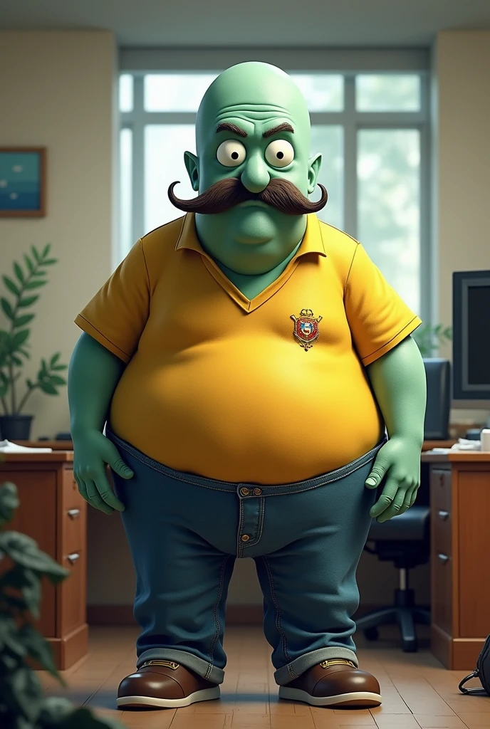 You can draw Squidward with Capulina(Gaspar Henaine Mexican comedian) (a fat man with a mustache and no beard), with a sports shirt, yellow and denim pants, in a office, realistically