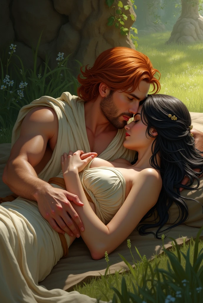 Male Red haired Jedi laying down with a blackhaired woman, she placed her head on his chest, he has his arms around her
