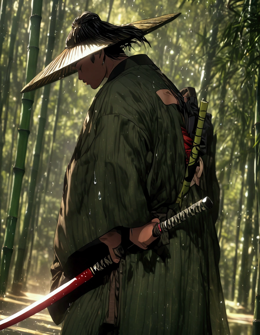 (mejor quality,4k,8k,High resolution,masterpiece:1.2),ultra detailed,sharp focus,(realist,photorealist,photo-realist:1.37), mejor quality, High resolution, ultra detailed, realist, HdR, moody, Dark, bamboo hat, detailed raindrop effect, bamboo forest, moonlight night, black kimono with bright red stripes, Shiny katana, epic scene, quality\(8k,extremely detailed CG unit wallpaper, ​masterpiece,High resolution,top-quality,top-quality real texture skin,hiperrealist,increase resolution,RAW Photos,la mejor quality,Very detailed,The wallpaper, cinematic lighting,ray trace,golden ratio\), BREAK ,