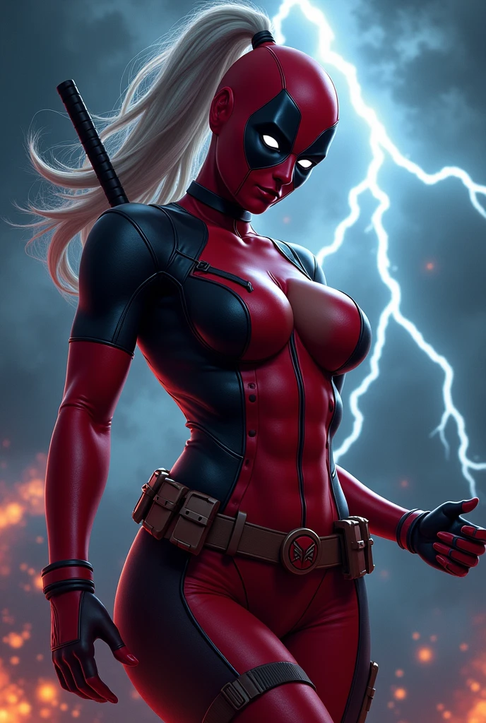 Nipple-to-nipple, nsfw Deadpool female, without mask beautiful face, thick thighs thick chest beautiful edgy sexy and hot face showing a bit of skin for a subtle touch of sexiness. The background is a dark, stormy sky with lightning bolts highlighting his figure, adding an intense and dramatic effect. His face should be partially masked, with intense eyes glowing with power, giving him a mysterious and edgy look. Surround him with swirling energy The overall tone should be intense and dynamic, with a focus on power and sex appeal, but without crossing into overtly suggestive content