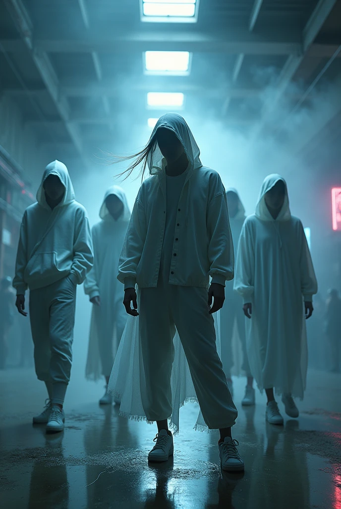 Ghosts wearing modern and casual outfits, a different outfit for each ghost and they are posing as models in a spooky but fun and very striking or cool environment