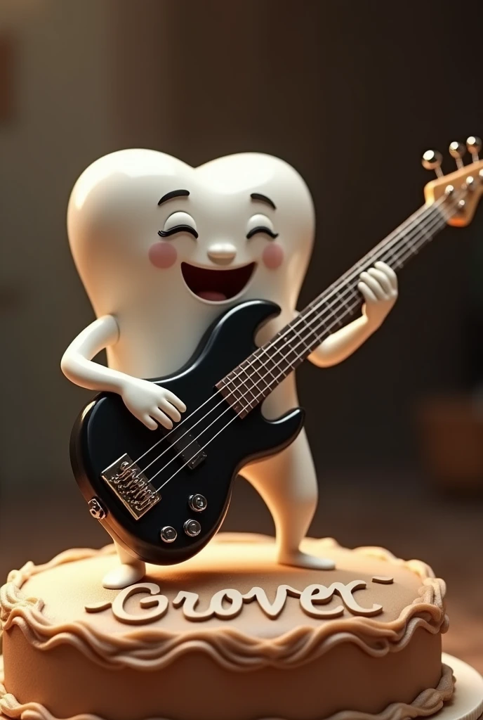 A male molar playing a black electric bass, on a cake with the name GROVER