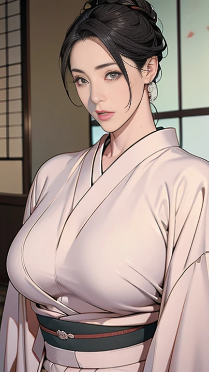 1，Japanese hairstyle，Photorealism，detailed，masterpiece，mature，((full))， (Broad shoulders), ((Huge))，Plus size mature women，expensive，30 years old，Pretty face, (Plump woman)，Beautiful long-sleeved kimono，open kimono，show nude body, Hold your chest with both hands:1，high quality，Are standing，High Resolution 4K Information,Kyoto,
