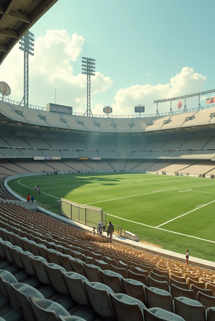 Create a realistic image of an old football stadium, reflecting the architecture and design of stadiums from the 1950s to 1970s. The stadium must have simple concrete stands, with few or no chairs, just rows of weathered wooden or cement seats. The stands are empty, without any presence of fans. The football field is well maintained, but with slightly uneven grass, typical of old fields. The white markings on the lawn are slightly faded. The stadium has tall, old lighting towers, with large metal reflectors that cast long shadows across the field. Around the field, there are low iron fences and old advertising signs, perhaps with logos of classic brands of the time, but without vibrant colors, suggesting the passage of time. The image should evoke a sense of nostalgia and tranquility, as if the stadium was waiting for a game that happened a long time ago.



