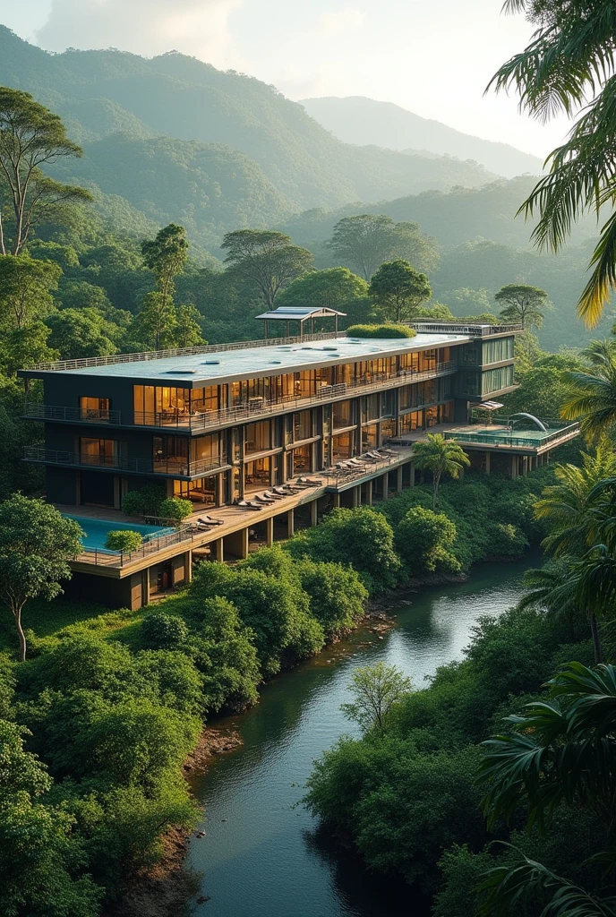 Large modern sustainable hotel with a rainwater harvesting system in the Amazon rainforest