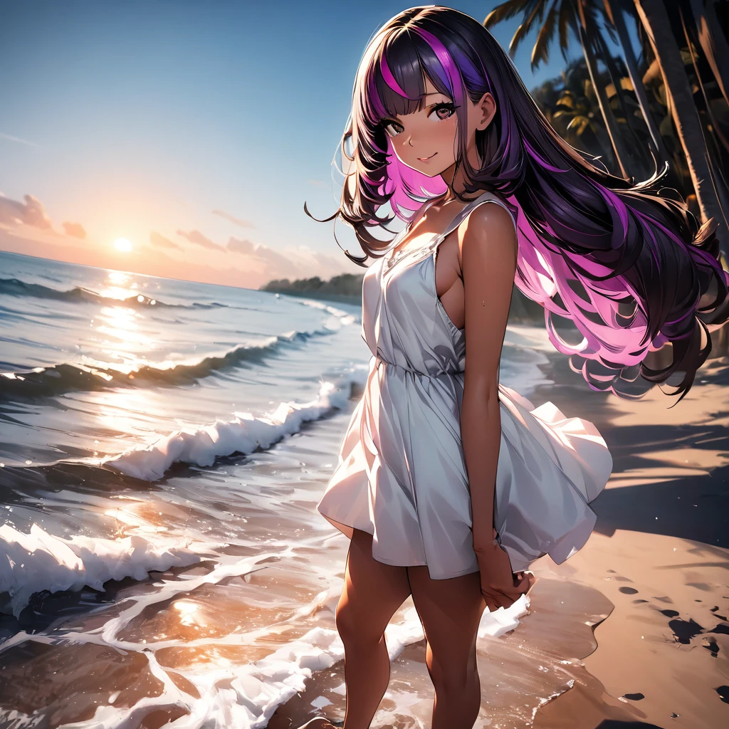 (highest quality:1.2, Very detailed, up to date, Vibrant, Ultra-high resolution, High Contrast, masterpiece:1.2, highest quality, Best aesthetics), super wide angle, Portraiture、girl、surfer, solo, (25-years-old:1), Bright colors、Beautiful fine details、Beautiful lip detail, long hair、black and purple ((streaked hair:1.6)), highlights hair: 1.5, brown eyes, ((slim body:1.4)), (small breast:0.7), (dark skin:0.5), summer dress, loose fit, standing tropical beach:1, parm trees, from behind:2, looking beautiful sunset, Backlit:1, (full body:1.5),