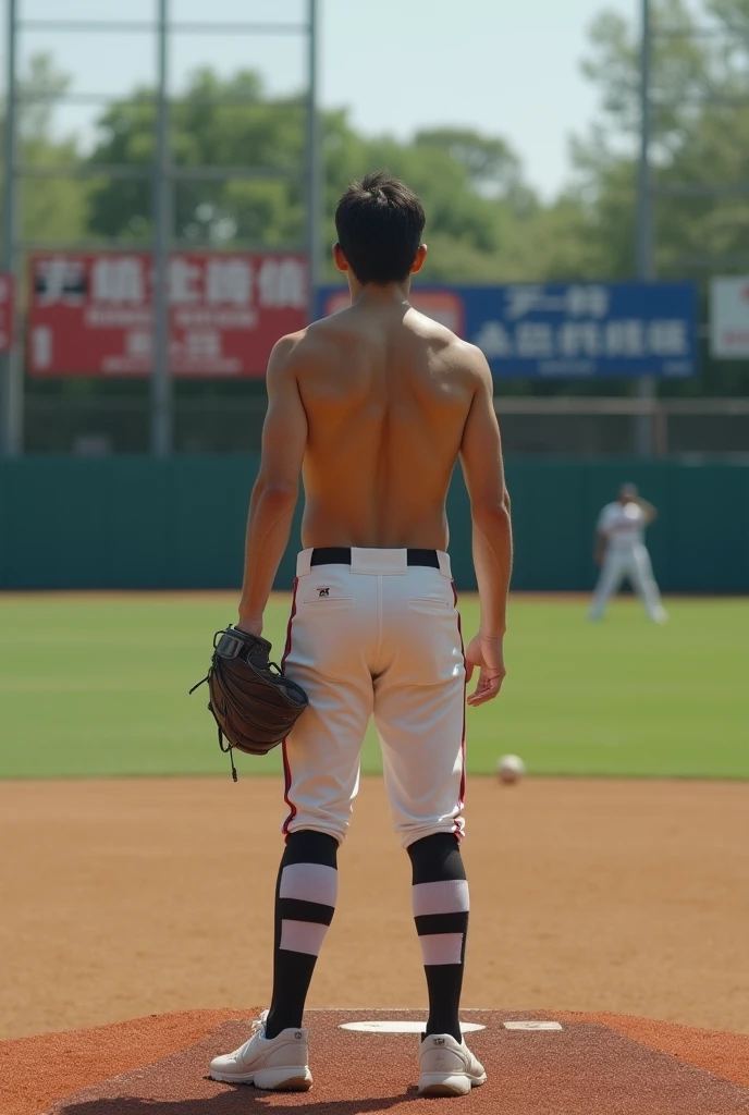 1boy、Photo Quality、Cute handsome man、Mash Hair、Japanese male, 、Completely naked、Full nudity、erection、Huge penis、Highest quality、Realistic、beautiful、baseball Ground、Back view of player standing in the batter's box