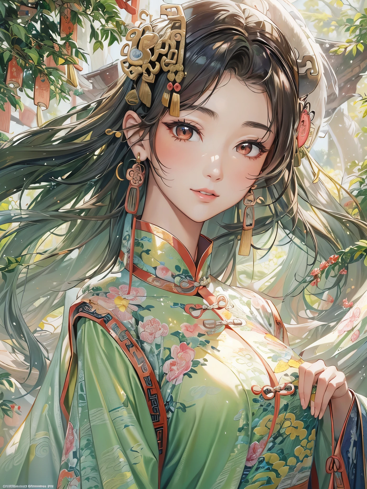 ((Highest quality)),(Ultra-high resolution),(Super detailed),(Detailed Description),((The best CG)),(masterpiece),Highly detailed art,(Art with precise detail:1.5), (Paintings inspired by ancient China:1.6), (Standing Woman:1.5, Beautiful and well-proportioned face:1.3, light makeup),(China dress:1.4, Embroidery inspired by nature:1.3),Fine ornaments, stream,breeze,Sunlight filtering through the trees