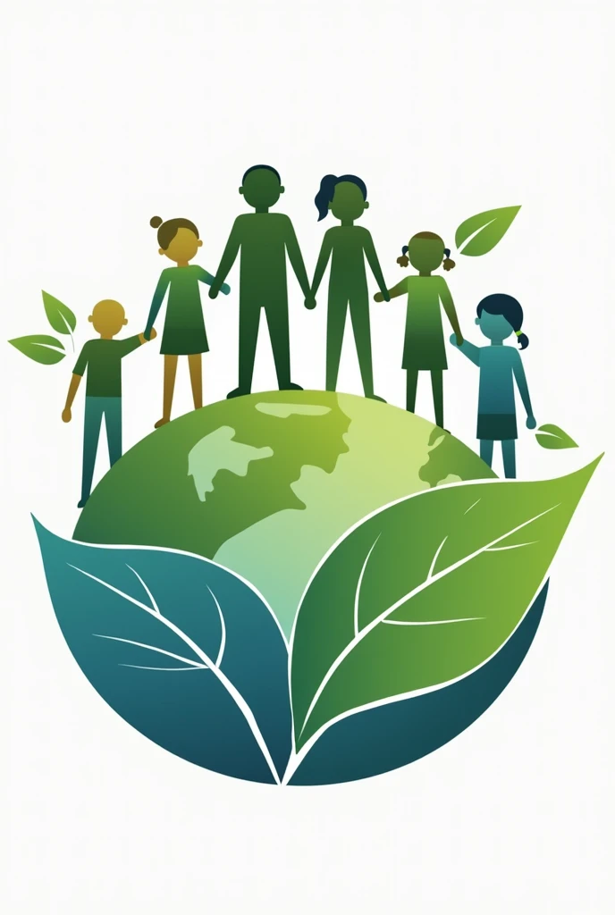 Visualize a logo with the following characteristics: circle symbolizing the planet, divided in half. In the lower half, a stylized drawing of a green leaf, representing sustainability and care for the environment. In the upper half, people of different ages and ethnicities, holding hands, representing unity and social impact. The predominant colors are green, blue and earth tones.