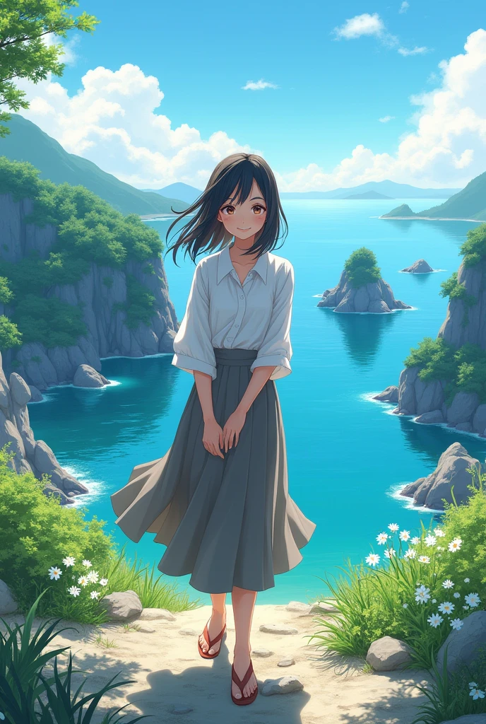 (masterpiece:1.5),(best quality:1.5),(ultra-detailed:1.3),(illustration:1.2),(8k wallpaper:1.2),(best quality:1.2),(highly detailed:1.2),(foreshortening),(photoreal),(photorealistic),(unreal engine),(highres:1.2),(oil painting:1.05),(crosshatching)(best quality:1.1),(hyperrealistic:1.1),(extremely fine,beautiful),, panorama,, 1girl,, (blouse and layered skirt), , smile,, stand,, (on okinoshima),, japan,okinoshima