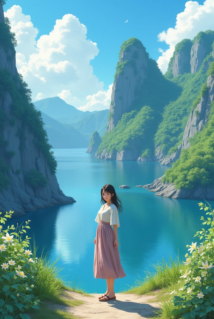 (masterpiece:1.5),(best quality:1.5),(ultra-detailed:1.3),(illustration:1.2),(8k wallpaper:1.2),(best quality:1.2),(highly detailed:1.2),(foreshortening),(photoreal),(photorealistic),(unreal engine),(highres:1.2),(oil painting:1.05),(crosshatching)(best quality:1.1),(hyperrealistic:1.1),(extremely fine,beautiful),, panorama,, 1girl,, (blouse and layered skirt), , smile,, stand,, (on okinoshima),, japan,okinoshima
