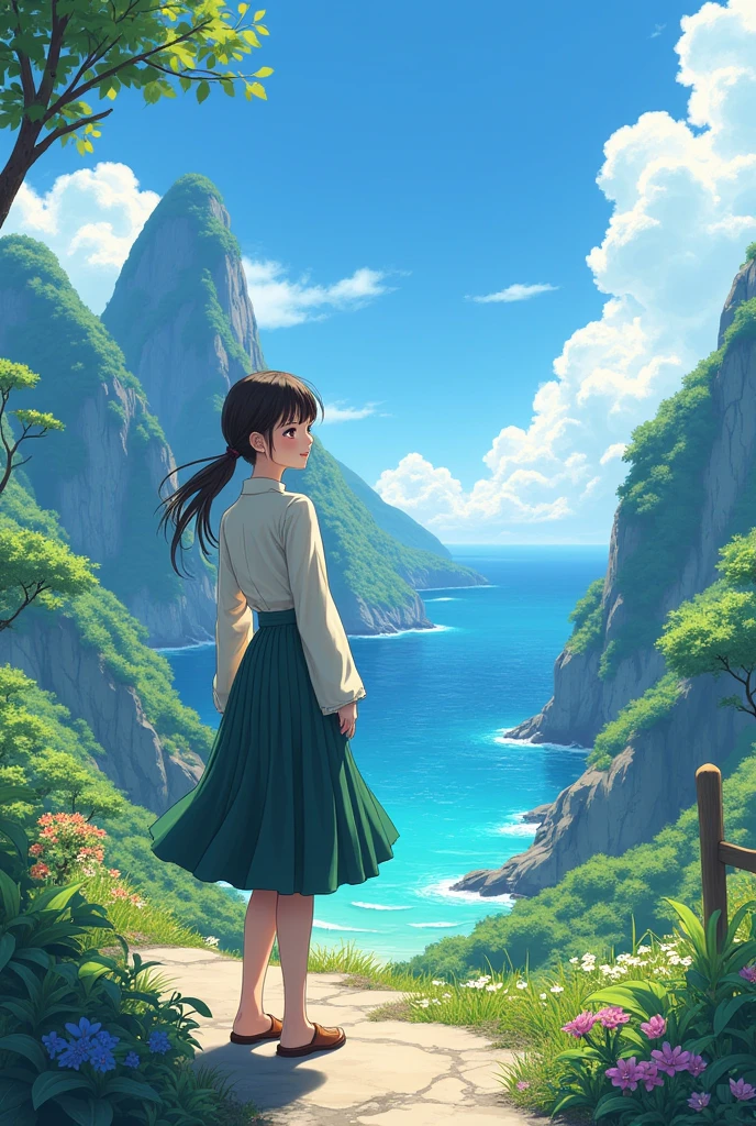 (masterpiece:1.5),(best quality:1.5),(ultra-detailed:1.3),(illustration:1.2),(8k wallpaper:1.2),(best quality:1.2),(highly detailed:1.2),(foreshortening),(photoreal),(photorealistic),(unreal engine),(highres:1.2),(oil painting:1.05),(crosshatching)(best quality:1.1),(hyperrealistic:1.1),(extremely fine,beautiful),, panorama,, 1girl,, (blouse and layered skirt), , smile,, stand,, (on okinoshima),, japan,okinoshima