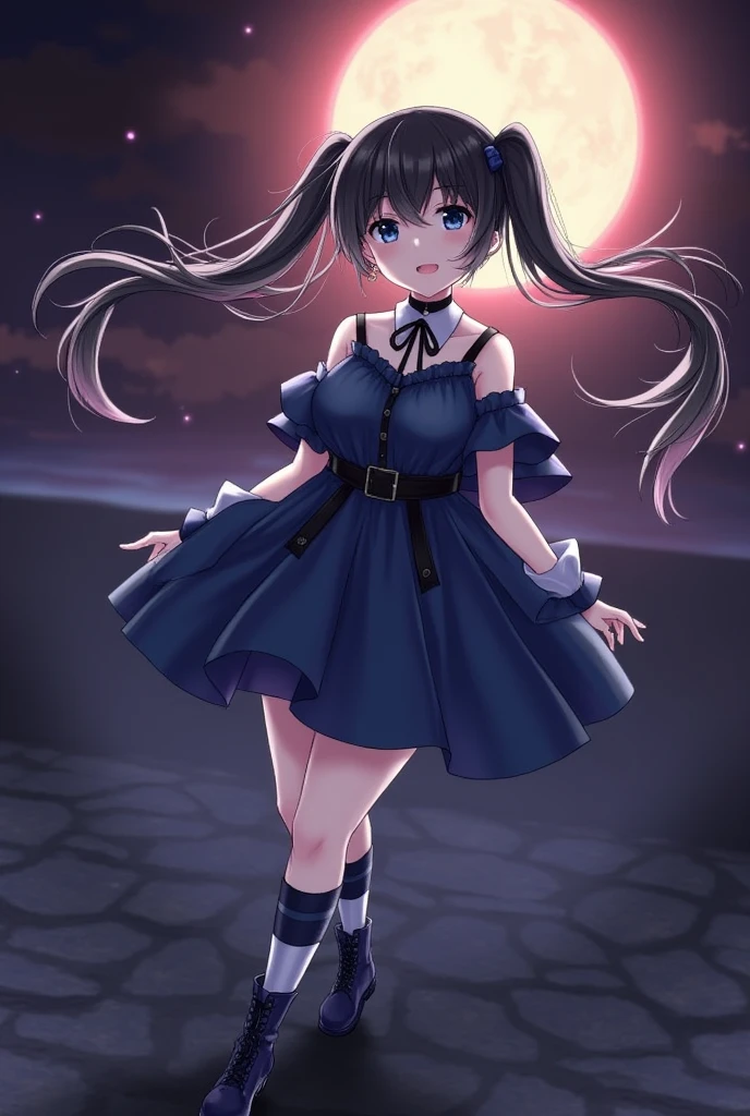 上半身ofプロモーションアートワーク, 一人in, 1人of女of子, bangs, Black Hair, (Two Side Up Hair), black eyes with dark circles, eye shadow, compensate, smile, Yandere, skinny, Exposing shoulders, No sleeve, clavicle, Small breasts, 黒ofチョーカー, strap, プリーツof黒いドレス, belt, gloves, boots, Gothic Fashion, Thick thighs, Action pose, Dynamic pose, 炎of蝶, Fascinating, whole body, feet, feet, so beautiful, 地獄of深み, Fantasy, amazing, Very detailed, 黒と赤ofテーマ, 火of光, night, dark, Soft lighting, 火of粒子, full moon, Blood Moon,masterpiece, Highest quality, Looking_in_Audience, depth_of_Field, Happy, Are standing, From above, 1人of女of子, Cure Sky, Blue clothes, Twin tails, Gradient Hair, Ahoge, 鈍いbangs, 頭of翼, , Puffy sleeves, Cape, Knee socks, blue legwear, gem, 片耳用Earrings,Audienceを見る, black gloves, Earrings, フリル付きof黒いスカート, Mid-chest, 黒ofエナメルboots, 邪悪なsmile,