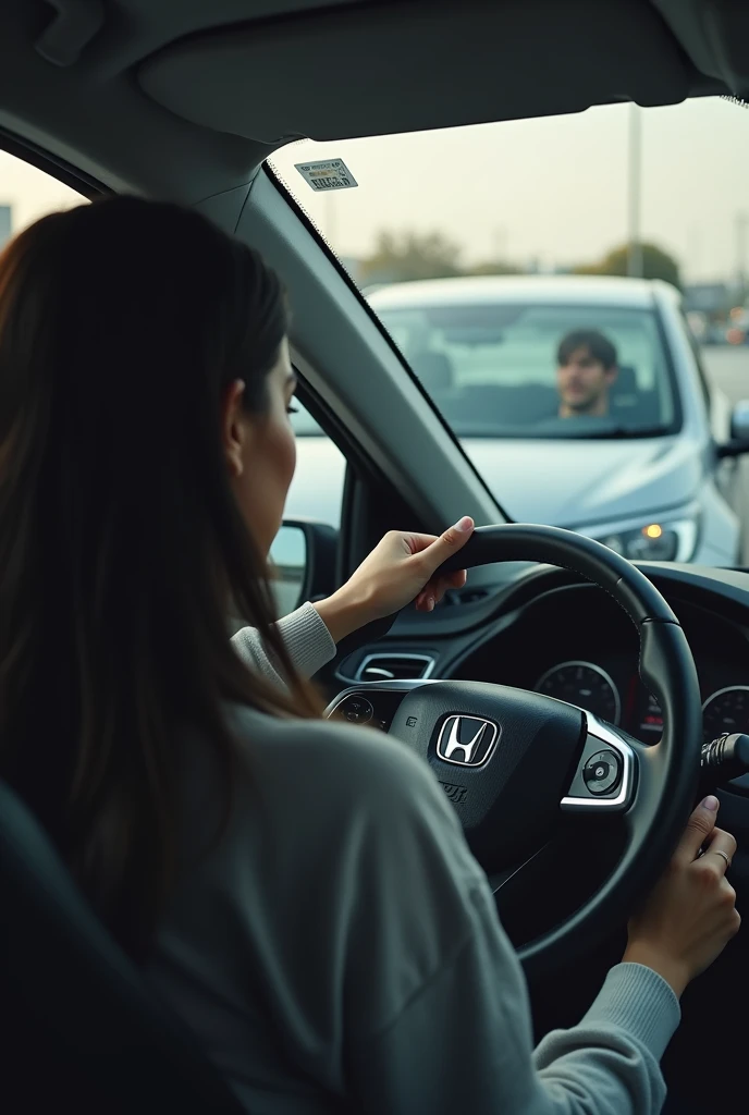 a woman with long black hair with her car parked, hands on the steering wheel and in front of her there is a silver honda city 2019 with the blond man at the wheel. the point of view of the photo is from the back of her car. 
