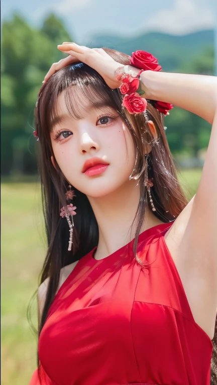 A woman in a red dress posing for a photo with flowers in her hair and pink eyes., black rose jisoo portrait, Jisoo from blackpink, Jisoo from blackpink, beautiful south korean woman, Kim Doyoung, Jinyoung Shin, jia, parque me, Traditional art, Hwang Se - En, South Korean popular makeup, Red color, Sha Xi, inspired by Sim Sa-jeong, korean girl, big breasts, heavy breasts