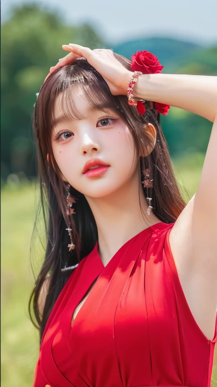 A woman in a red dress posing for a photo with flowers in her hair and pink eyes., black rose jisoo portrait, Jisoo from blackpink, Jisoo from blackpink, beautiful south korean woman, Kim Doyoung, Jinyoung Shin, jia, parque me, Traditional art, Hwang Se - En, South Korean popular makeup, Red color, Sha Xi, inspired by Sim Sa-jeong, korean girl, big breasts, heavy breasts