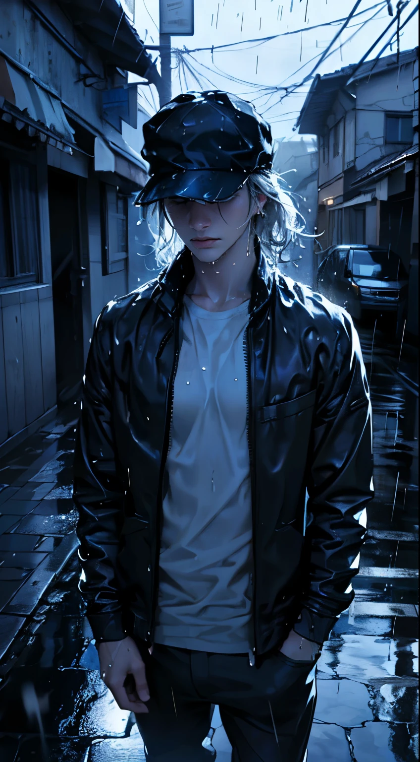 ( best quality,4k,8k,highres,masterpiece:1.2),ultra-detailed,(realistic,photorealistic,photo-realistic:1.37),rainy scene,stressed,outdoor,gloomy atmosphere,realistic droplets on the face,drenched clothes,dark colors,despair,desolation,loneliness,lost in thoughts,emotional,wet street,running mascara on his face,tears streaming down his cheeks,hat soaked with rain,water dripping from his hair,hunched shoulders,visible sadness,pouring rain,thunderstorm,tempestuous weather,misery,deep sorrow,heartache,negative emotions,despairing expression,cold and wet,paleness,heavy rain falling,wet pavement,teardrops falling rapidly,solitude,devastation.
