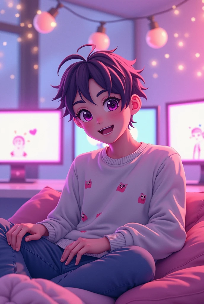 Whimsical anime-style scene, charming man character, soft features, playful expression, vivid purple and pink color palette creating a cozy ambiance, seated in an engaging VTuber studio background, plush cushions and delicate fairy lights twinkling softly, inviting atmosphere filled with warmth, gentle gradients blending hues of lavender and blush across the background, intricate details in character’s outfit, loose-fitting sweater adorned with cartoon motifs, tousled hair reflecting the pastel color scheme, playfully styled with highlights of magenta, surrounded by an array of digital monitors displaying cheerful animations, cozy atmosphere reminiscent of popular VTuber setups, soft reflections in the background enhancing the immersive feel, dynamic composition embracing a sense of liveliness and interaction, inviting the viewers to feel at home in this digital paradise, overall atmosphere radiating friendliness and comfort, anime art style embracing cute aesthetics with bright, cheerful expressions and vibrant backgrounds, cel-shaded technique highlighting character features with clean edges and smooth gradients, inviting design that perfectly encapsulates the warm, endearing essence of modern anime culture.
