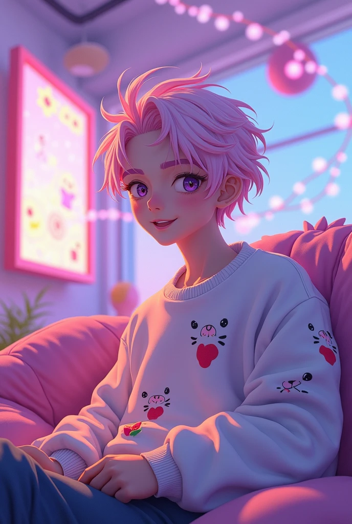Whimsical anime-style scene, charming man character, soft features, playful expression, vivid purple and pink color palette creating a cozy ambiance, seated in an engaging VTuber studio background, plush cushions and delicate fairy lights twinkling softly, inviting atmosphere filled with warmth, gentle gradients blending hues of lavender and blush across the background, intricate details in character’s outfit, loose-fitting sweater adorned with cartoon motifs, tousled hair reflecting the pastel color scheme, playfully styled with highlights of magenta, surrounded by an array of digital monitors displaying cheerful animations, cozy atmosphere reminiscent of popular VTuber setups, soft reflections in the background enhancing the immersive feel, dynamic composition embracing a sense of liveliness and interaction, inviting the viewers to feel at home in this digital paradise, overall atmosphere radiating friendliness and comfort, anime art style embracing cute aesthetics with bright, cheerful expressions and vibrant backgrounds, cel-shaded technique highlighting character features with clean edges and smooth gradients, inviting design that perfectly encapsulates the warm, endearing essence of modern anime culture.