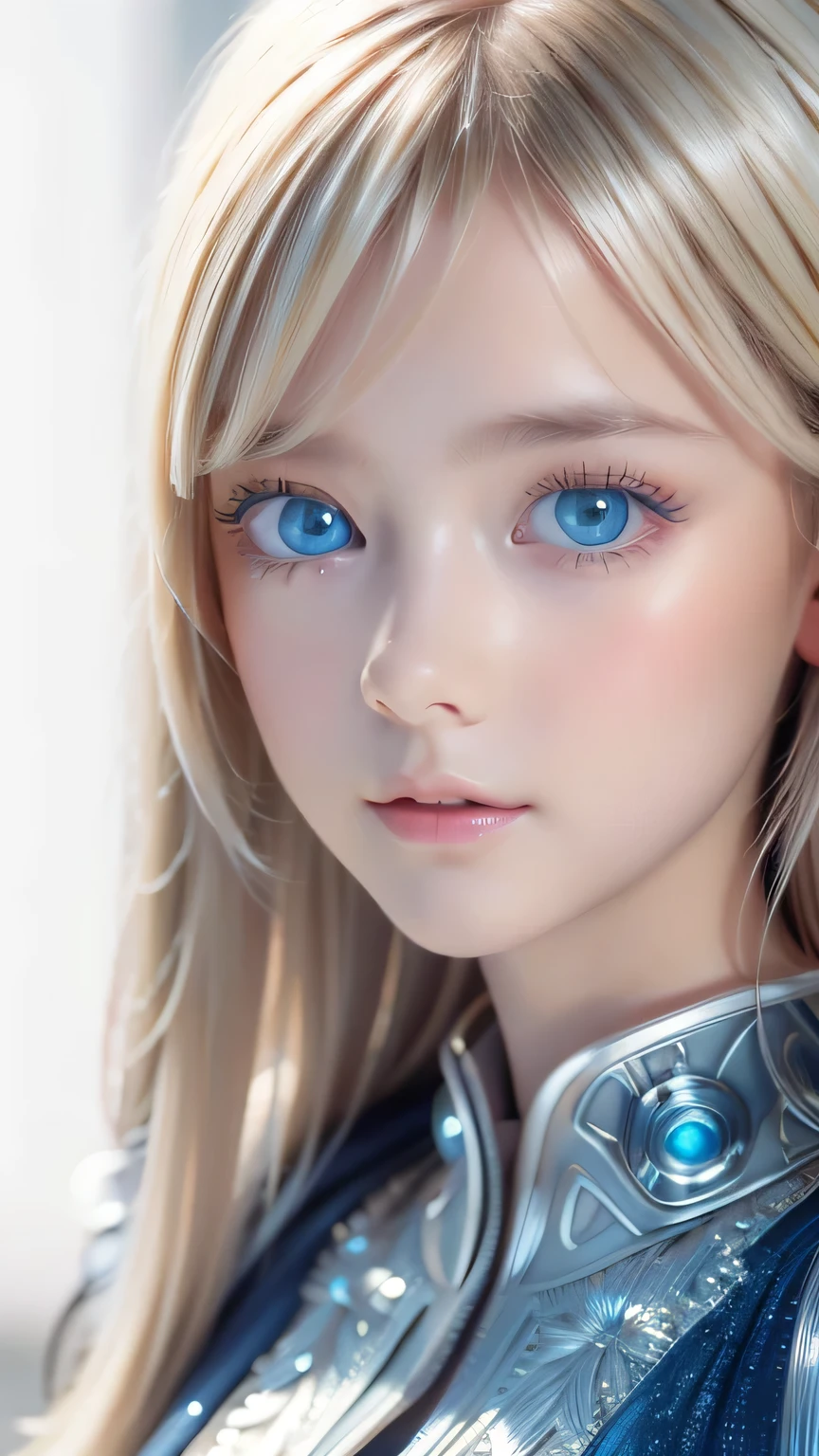 Highest quality、8K masterpiece、Ultra-high resolution、(Realistic:1.3)、RAW Photos、 Scandinavian girl with shiny blonde hair、Silvery blonde hair、Super long straight hair、Bangs between the eyes、Bangs that fall over the eyes、Bangs over one eye、Bangs between the eyes、White and glowing skin、1. Cyberpunk Super Beautiful Soldier、((Ultra-Realistic Details))、Portraiture、Global Illumination、Shadow Realm、Octane Rendering、8k、Ultra Sharp、metals、Cool colors、、Very intricate details、Realistic Light、Trends of the CG Association、Very beautiful big bright blue eyes、Very big eyes、Eyes shining at the camera、Neon Details、Small Face Beauty、Round face、Highlights of cheek luster、eyeliner