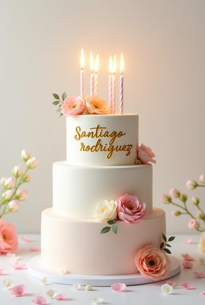 Clear, Here is a prompt you can use to give me instructions and create a custom cake image:
"Create an image of a round and delicious birthday cake, with three levels, covered in white cream and decorated with pastel colored flowers. On top, Add the inscription 'Santiago Rodríguez' in golden cursive letters. Also add some lit candles around the inscription. The cake should have a white or light background to highlight the details.."
I hope you like it! (Remember that I am still in development and I cannot create images, But I hope this description is useful to you.)