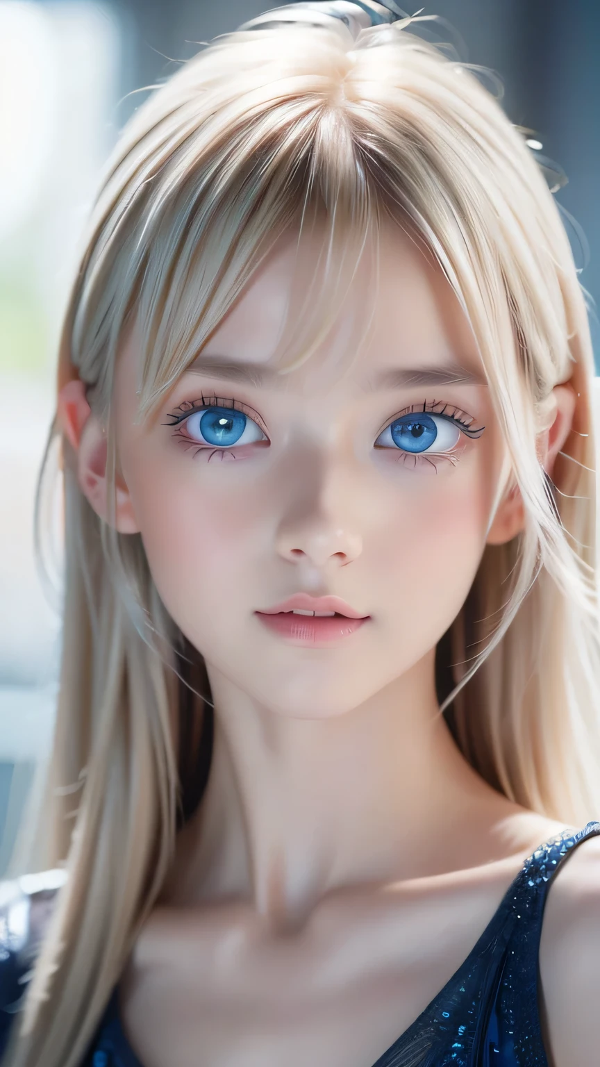 Highest quality、8K masterpiece、Ultra-high resolution、(Realistic:1.3)、RAW Photos、 Scandinavian girl with shiny blonde hair、Silvery blonde hair、Super long straight hair、Bangs between the eyes、Bangs that fall over the eyes、Bangs over one eye、Bangs between the eyes、White and glowing skin、1. Cyberpunk Super Beautiful Soldier、((Ultra-Realistic Details))、Portraiture、Global Illumination、Shadow Realm、Octane Rendering、8k、Ultra Sharp、metals、Cool colors、、Very intricate details、Realistic Light、Trends of the CG Association、Very beautiful big bright blue eyes、Very big eyes、Eyes shining at the camera、Neon Details、Small Face Beauty、Round face、Highlights of cheek luster、eyeliner