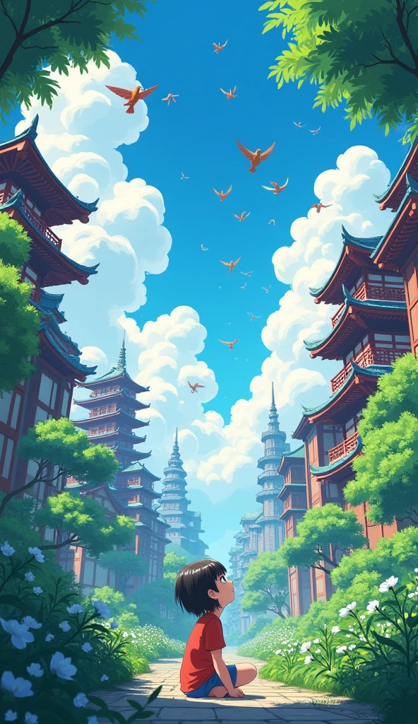 Japanese cartoon images are very detailed, with tall buildings, lots of clouds, colorful birds flying, a young girl sitting and looking up, in a perspective view, with thick trees.