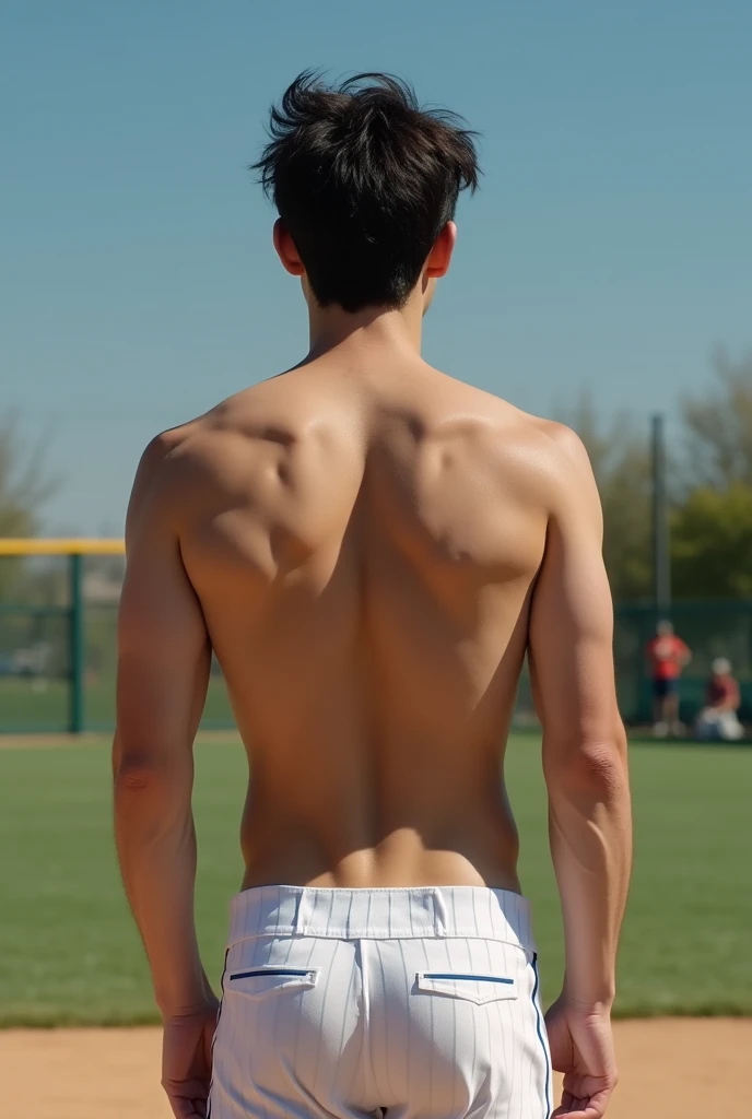 1boy、Photo Quality、Cute handsome man、Mash Hair、Japanese male, 、Completely naked、Full nudity、erection、Huge penis、Highest quality、Realistic、beautiful、baseball Ground、Back view of player standing in the batter&#39;s box、Completely naked、Butt Exposed