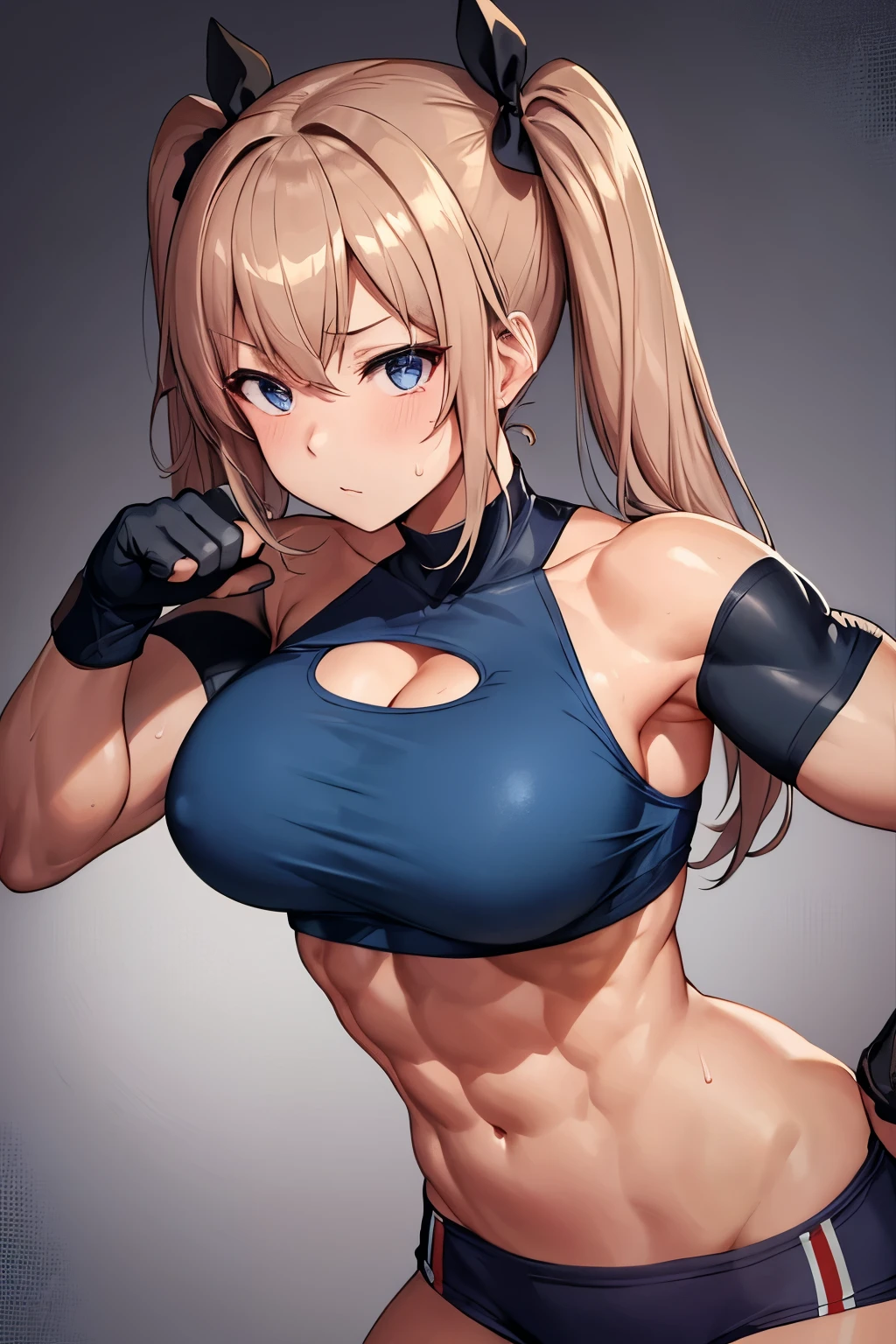 Masterpiece, best quality, beautiful girl, beautiful face, twin tails, training, muscle, abs, sweat, big breasts, cleavage, sexy,
