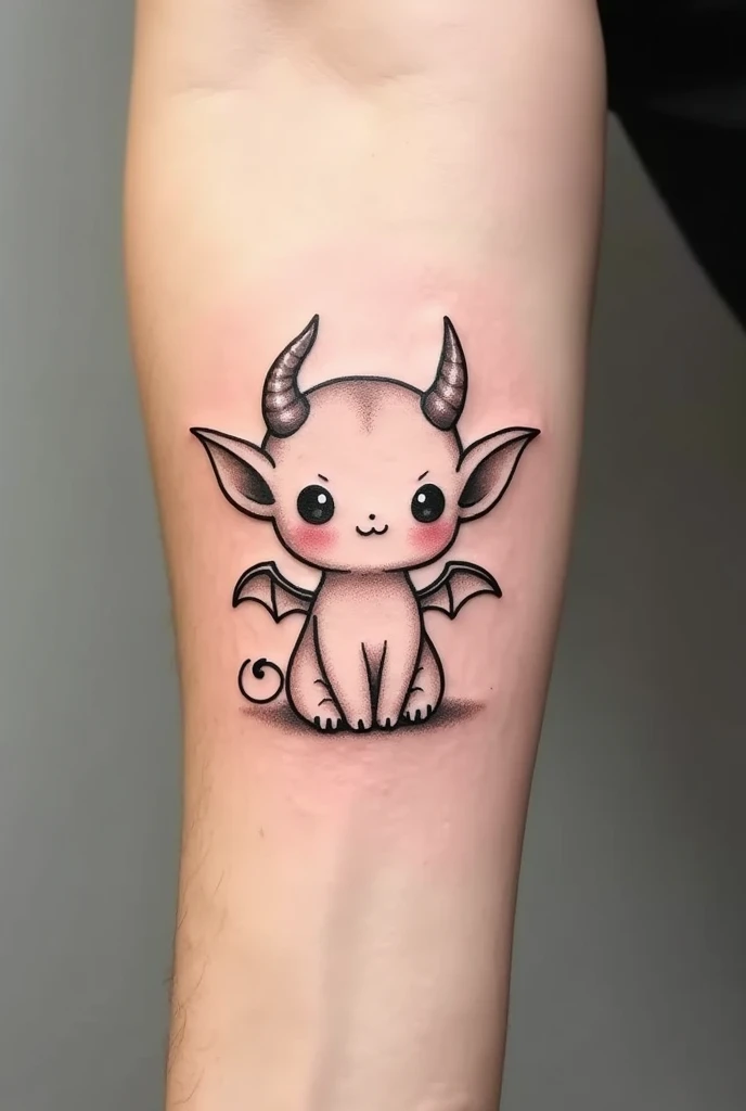 **Description détaillée pour le tatouage :**

- **Silhouette** : Un démon stylisé dans un style enfantin, avec des traits simples et amicaux. Le démon a des cornes douces et légèrement courbées, un visage expressif mais non menaçant, et des petites ailes. Il est représenté dans une posture simple, assis ou debout, avec des traits adorables comme de grands yeux ronds et un sourire subtil.

- **Style** : Minimaliste avec des lignes fines pour les contours du démon. Aucune zone remplie, ni ombrage ni dégradé, ce qui donne un effet léger et épuré. Le design est doux et simple, évitant toute agressivité tout en restant expressif.

- **Taille** : Adapté pour l'avant-bras, de taille modérée pour conserver un équilibre entre discrétion et détails reconnaissables. Le tatouage est suffisamment petit pour être délicat mais assez grand pour que les détails enfantins soient visibles.

- **Couleurs** : Exclusivement en noir, sans couleurs vives ni remplissage. Le dessin reste sobre avec une approche minimaliste, mettant en valeur les traits simples du démon dans un style charmant et non menaçant.

Ce tatouage devrait offrir une interprétation amusante et douce d'un démon, parfaitement adapté à un design minimaliste sur l'avant-bras.