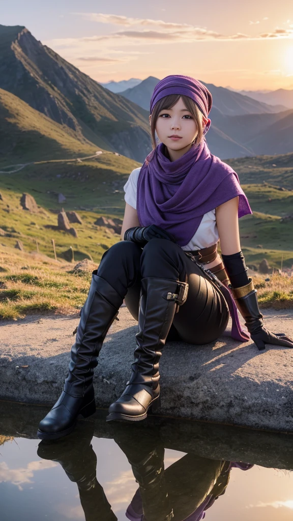 One person女の子, One person, (Highest quality, beruka, Gauntlet), armor, Purple scarf, Black gloves, pants, boots, Wear a bandana on your head, Sitting, in front, wood, Mountain, Beautiful scenery in the background, Soft sunset, Subtle reflections on the ground.